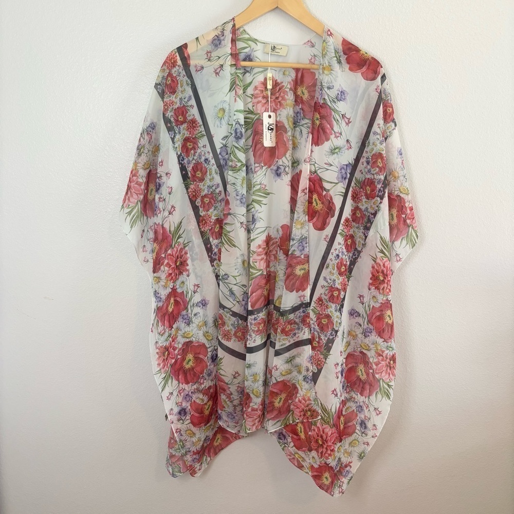 NWT JC Sunny Floral Sheer Kimono Wrap – Silk Blend Lightweight Cover Up O/S